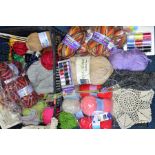 A BOX OF VARIOUS WOOLS, YARNS, ETC, to include DY Rumba Fantasy Shade DYRF06 (one ball), Patons