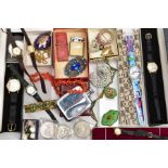 A BOX OF ASSORTED ITEMS, to include a case 'Swatch' wristwatch, two cased 'Accurist' wristwatches,