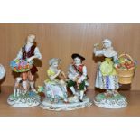 A PAIR OF DRESDEN PORCELAIN FIGURES AND A SITZENFORF FIGURE GROUP, comprising Dresden lady and