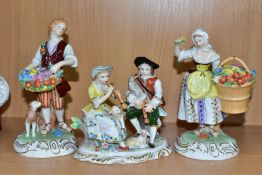 A PAIR OF DRESDEN PORCELAIN FIGURES AND A SITZENFORF FIGURE GROUP, comprising Dresden lady and