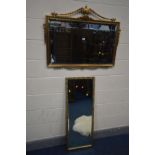 A FRENCH GILT WOOD FRAMED WALL MIRROR, 97cm x 76cm, and a rectangular bevelled edge wall mirror (2)