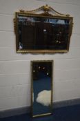 A FRENCH GILT WOOD FRAMED WALL MIRROR, 97cm x 76cm, and a rectangular bevelled edge wall mirror (2)