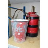 A FIRE SERVICE INTEREST LARGE VINTAGE FIRE EXTINGUISHER AND FIRE BUCKET, fire extinguisher with hose