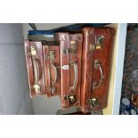 THREE VINTAGE LEATHER SUITCASES, together with a leather look pressed cardboard example, approximate