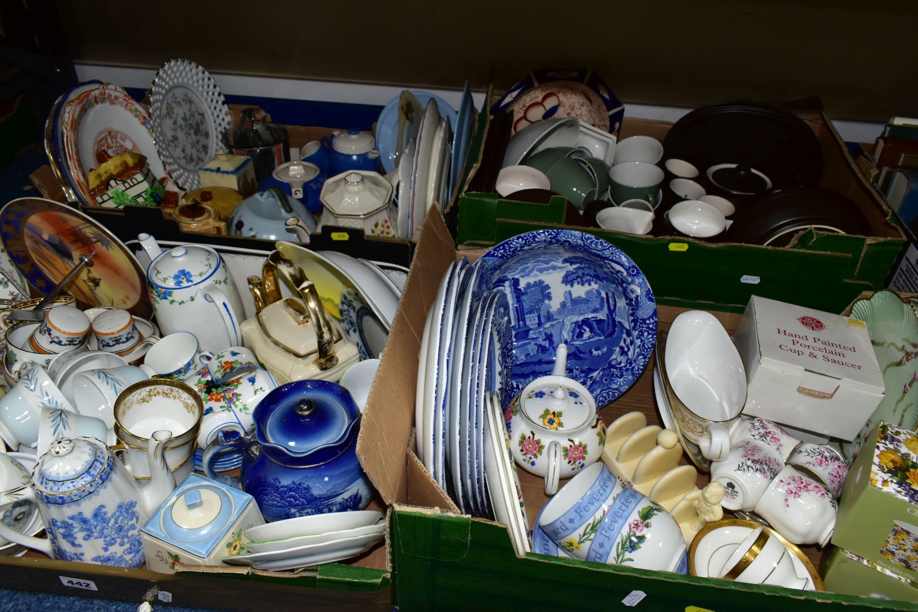 FOUR BOXES OF CERAMIC TEA AND DINNERWARES, to include a Royal Worcester Hyde Park sauceboat and