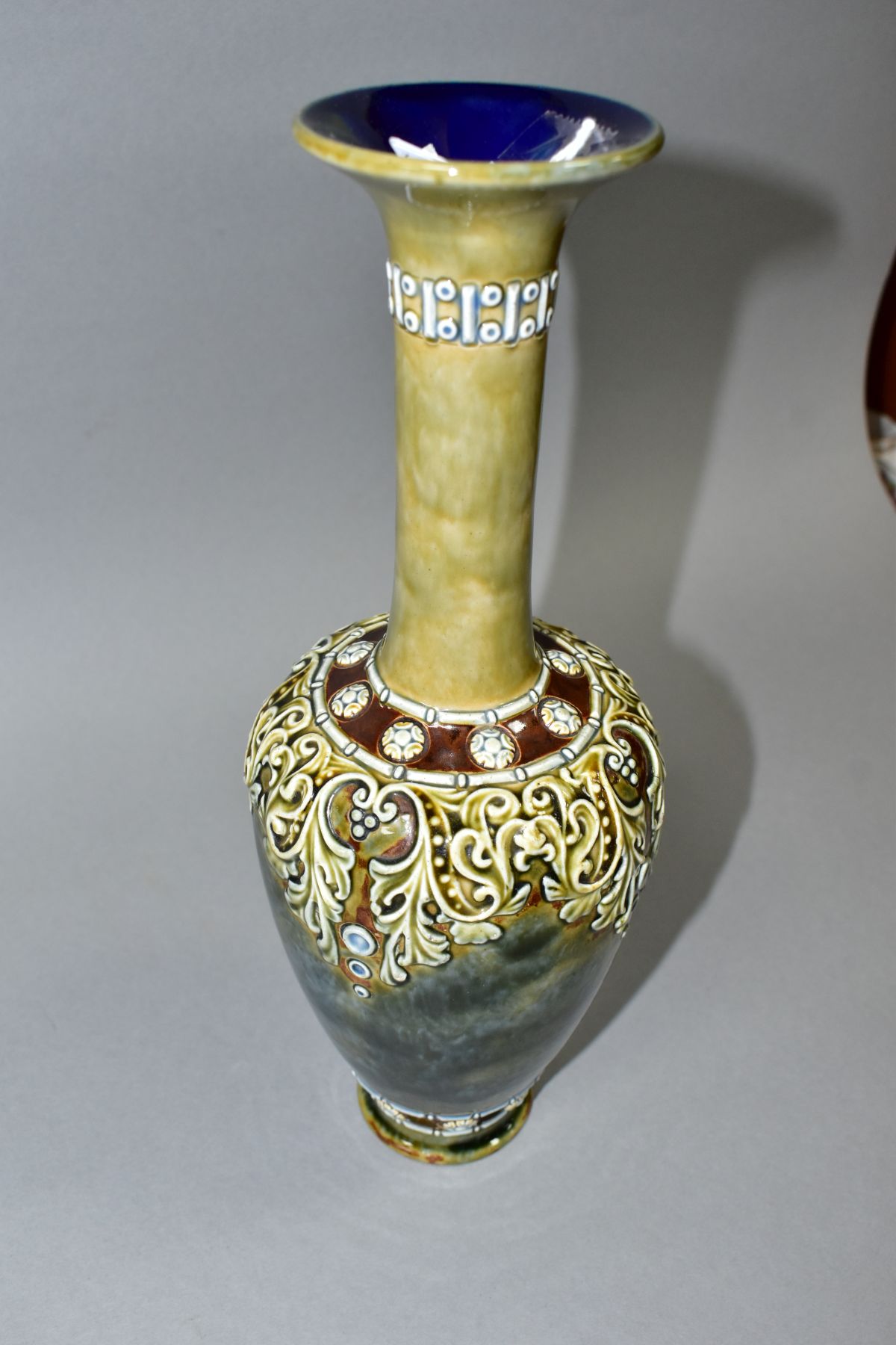 A ROYAL DOULTON STONEWARE BALUSTER VASE, mottled blue/green glaze with relief decorated foliate - Image 3 of 5