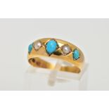 A LATE 19TH CENTURY, 18CT GOLD TURQUOISE AND SEED PEARL RING, designed with a row of three oval