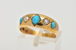 A LATE 19TH CENTURY, 18CT GOLD TURQUOISE AND SEED PEARL RING, designed with a row of three oval