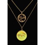 A 9CT GOLD 'MOM' PENDANT AND CHAIN, A YELLOW METAL CHAIN AND A PENDANT, the pendant of an open