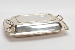 A SILVER ENTREE DISH WITH COVER, of a rectangular form, plain polished design, double fitted handles