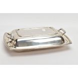 A SILVER ENTREE DISH WITH COVER, of a rectangular form, plain polished design, double fitted handles