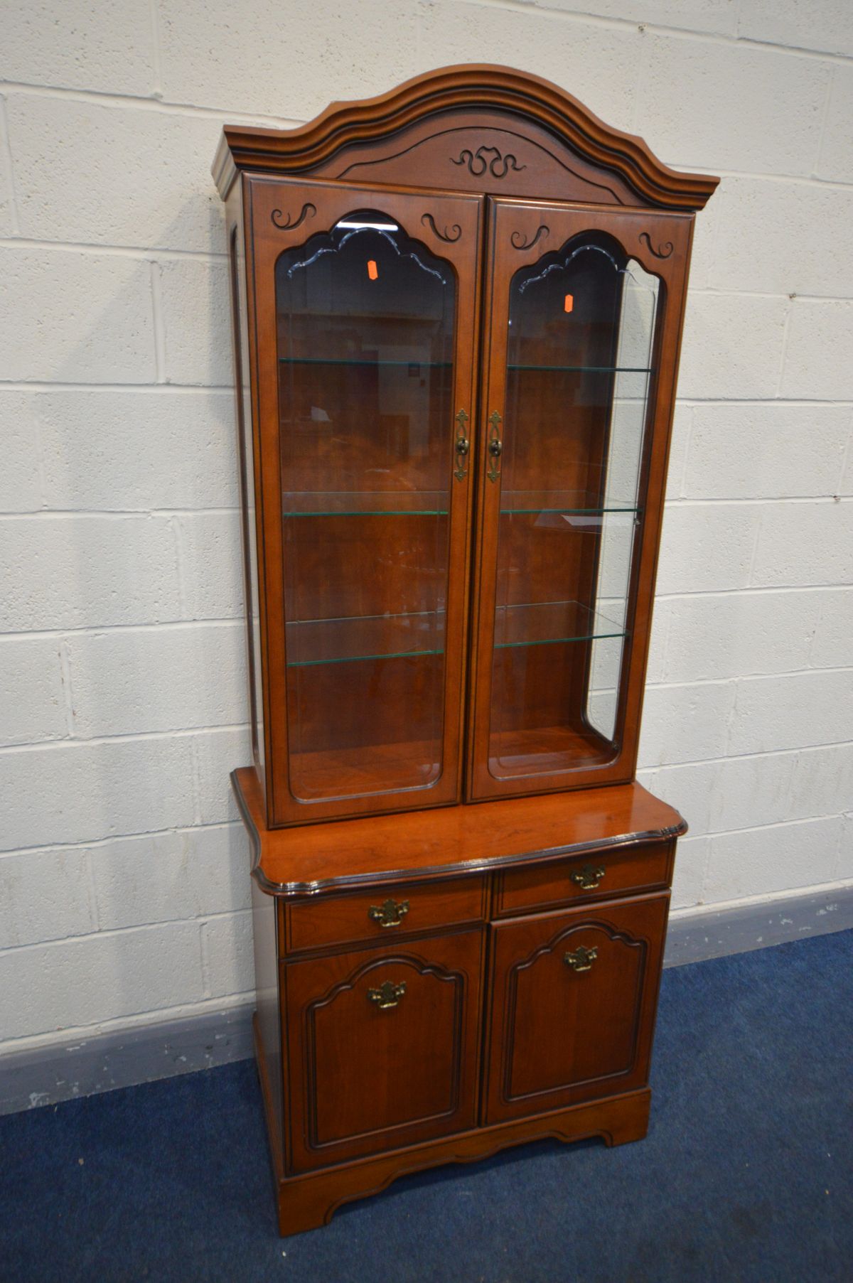 A ROSSMORE CHERRYWOOD TWO DOOR DISPLAY CABINET, width 83cm x depth 47cm x height 198cm (missing