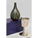 A BOXED SILVER GOBLET AND A SILVER LINED GLASS BOTTLE, silver goblet of a plain polished design,