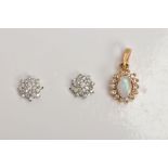 A PAIR OF 9CT WHITE GOLD DIAMOND EARRINGS AND A YELLOW METAL OPAL AND DIAMOND CLUSTER PENDANT,