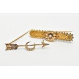 TWO YELLOW METAL SEED PEARL BROOCHES, the first a bar brooch, set with a seed pearl flower, on a