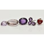 A RED MATERIAL TRINKET BOX WITH ITEMS, to include a silver 'Charles Horner' oval amethyst brooch,