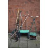 A QUALCAST PANTHER 30DL PUSH LAWNMOWER, plastic seed spreader, garden stool and a quantity of garden