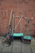 A QUALCAST PANTHER 30DL PUSH LAWNMOWER, plastic seed spreader, garden stool and a quantity of garden