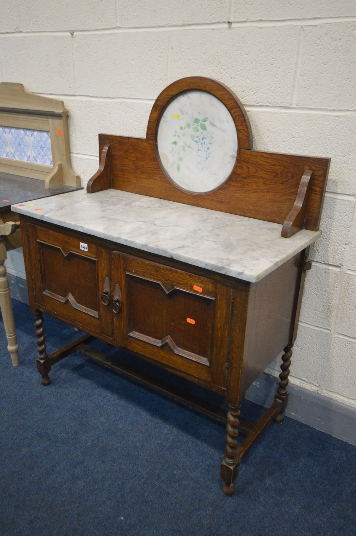 AN OAK MARBLE TOP WASHSTAND, with a circular marble back, width 92cm x depth 42cm x height 115cm and - Image 2 of 3