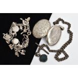 THREE SILVER PIECES OF JEWELLERY, to include a large oval locket, engraved monogram to the front,