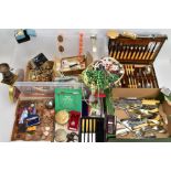 A BOX OF ASSORTED ITEMS, to include a box of costume jewellery, various writing equipment, a box