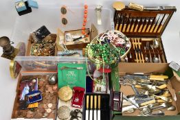 A BOX OF ASSORTED ITEMS, to include a box of costume jewellery, various writing equipment, a box