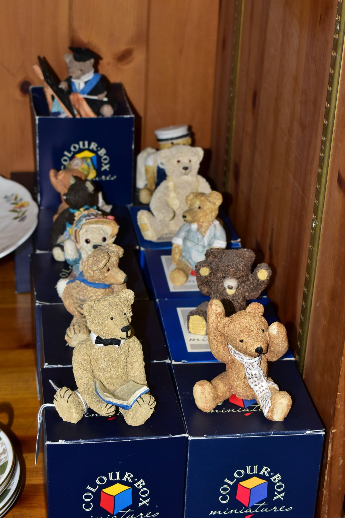 ELEVEN COLOUR BOX MINIATURES PETER FAGAN'S TEDDY BEAR COLLECTION RESIN FIGURES, with original boxes,