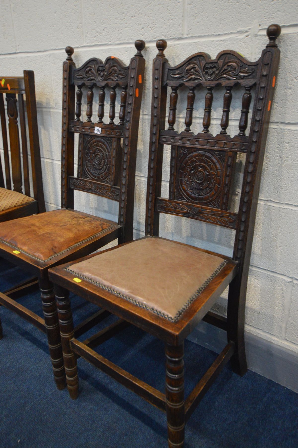 A PAIR OF CARVED OAK HALL CHAIRS, along with a set of four oak dining chair (6) - Image 2 of 4