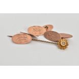 A PAIR OF 9CT GOLD CUFFLINKS, A SINGLE CUFFLINK AND A STICK PIN, a pair of rose gold cufflinks, oval