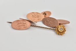 A PAIR OF 9CT GOLD CUFFLINKS, A SINGLE CUFFLINK AND A STICK PIN, a pair of rose gold cufflinks, oval