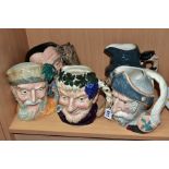 FIVE ROYAL DOULTON LARGE CHARACTER JUGS, comprising 'Bacchus' D6499, 'Merlin' D6529, (small chip