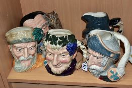 FIVE ROYAL DOULTON LARGE CHARACTER JUGS, comprising 'Bacchus' D6499, 'Merlin' D6529, (small chip