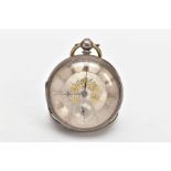 A MID-VICTORIAN SILVER OPEN FACE POCKET WATCH, round silver dial with gold floral detailing, Roman