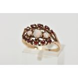 A 9CT GOLD OPAL AND GARNET CLUSTER RING, the cluster of an oval shape, set with three graduated