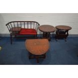 AN OAK DROP LEAF OCCASIONAL TABLE, along with an occasional table, magazine rack/table and a stained