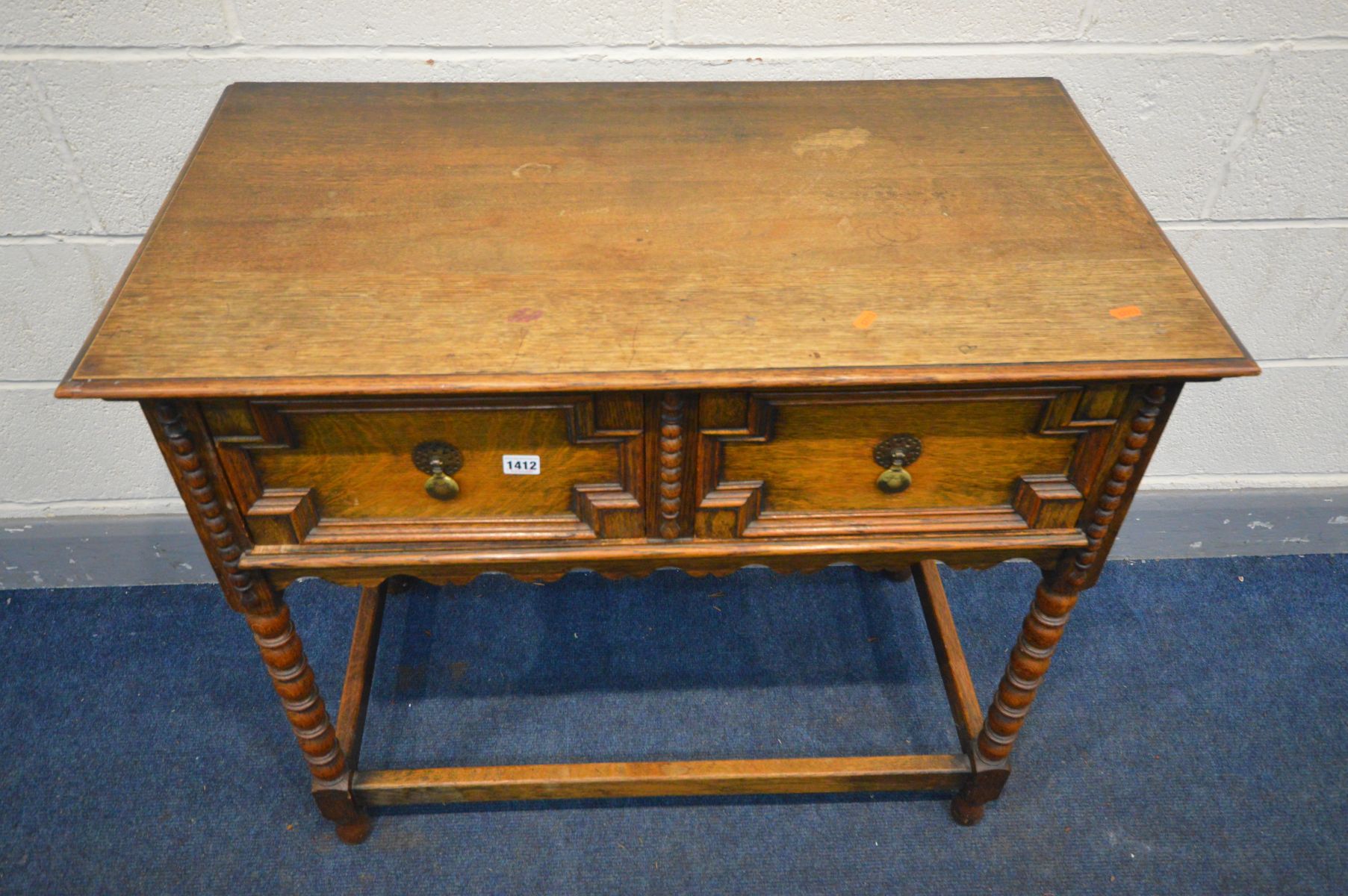 AN OAK SIDE TABLE, two drawers with geometric detail, on bobbin turned legs united by a box - Image 2 of 3