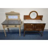 AN OAK MARBLE TOP WASHSTAND, with a circular marble back, width 92cm x depth 42cm x height 115cm and