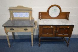 AN OAK MARBLE TOP WASHSTAND, with a circular marble back, width 92cm x depth 42cm x height 115cm and