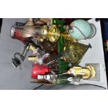 A BOX AND LOOSE LAMPS AND SHADES, ETC, to include a glass Art Deco style lamp, electric oil style