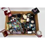 A BOX OF ASSORTED COSTUME JEWELLERY, to include various beaded necklaces and bracelets, brooches,