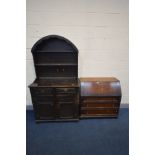 AN OAK BUREAU, with three drawers, width 88cm x depth 41cm x height 80cm, and an oak Dutch