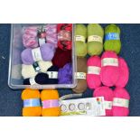 A BOX OF VARIOUS WOOLS AND YARNS, to include Magic Aran Shade 1307 (one large ball), Patons