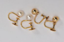 TWO PAIRS OF NON-PIERCED YELLOW METAL EARRINGS, the first a pair of plain polished ball earrings,