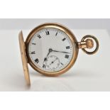 A GOLD-PLATED FULL HUNTER POCKET WATCH, round white dial, Roman numerals, seconds subsidiary dial at