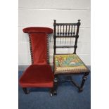 A VICTORIAN MAHOGANY BOBBIN TURNED PRAYER CHAIR with red upholstery, and a mahogany spindle back