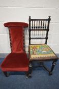 A VICTORIAN MAHOGANY BOBBIN TURNED PRAYER CHAIR with red upholstery, and a mahogany spindle back