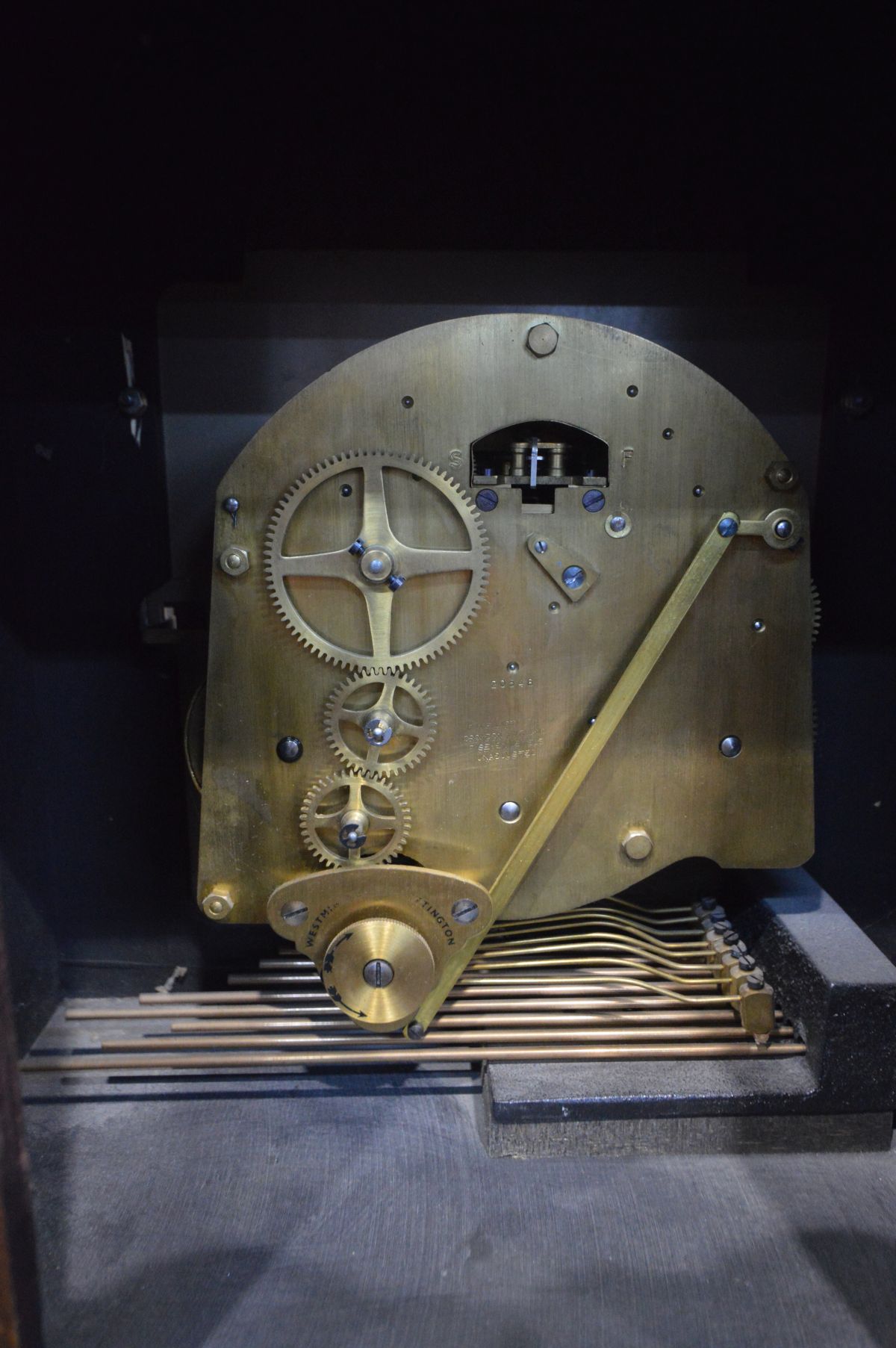 A MAHOGANY EIGHT DAY GRANDDAUGHTER CLOCK, with a brass and silvered dial, tempus fugit label to - Image 4 of 5