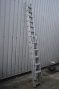 A SET OF DOUBLE EXTENSION LADDERS with attached wheels, length 382cm together with a set of Black