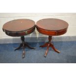 TWO MAHOGANY PEDESTAL DRUM TABLES with two frieze drawers, diameter 49cm x height 60cm (