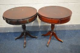 TWO MAHOGANY PEDESTAL DRUM TABLES with two frieze drawers, diameter 49cm x height 60cm (